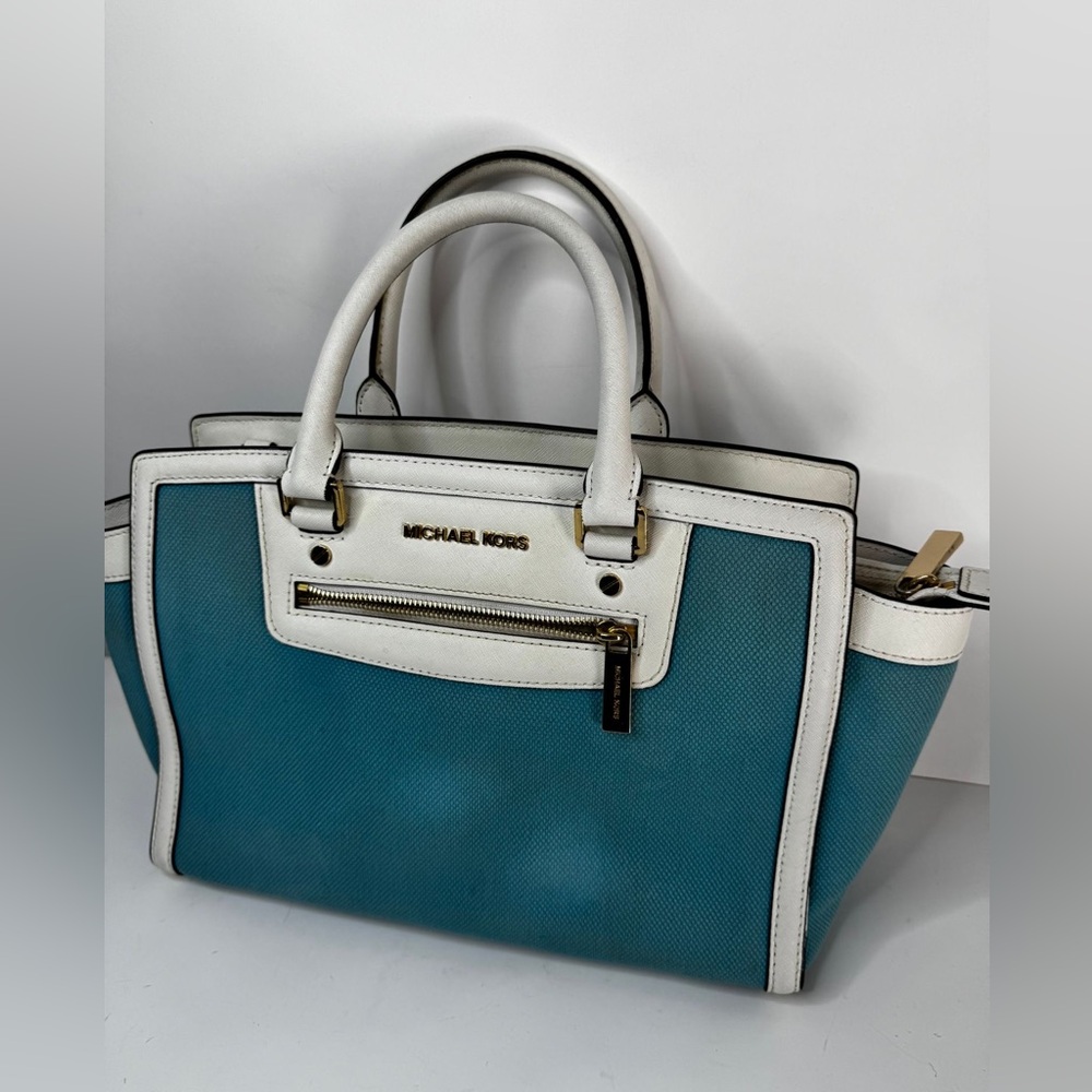 Michael Kors Selma Large Top Zip Summer Blue Canvas/Leather Satchel Bag - Picture 4 of 15